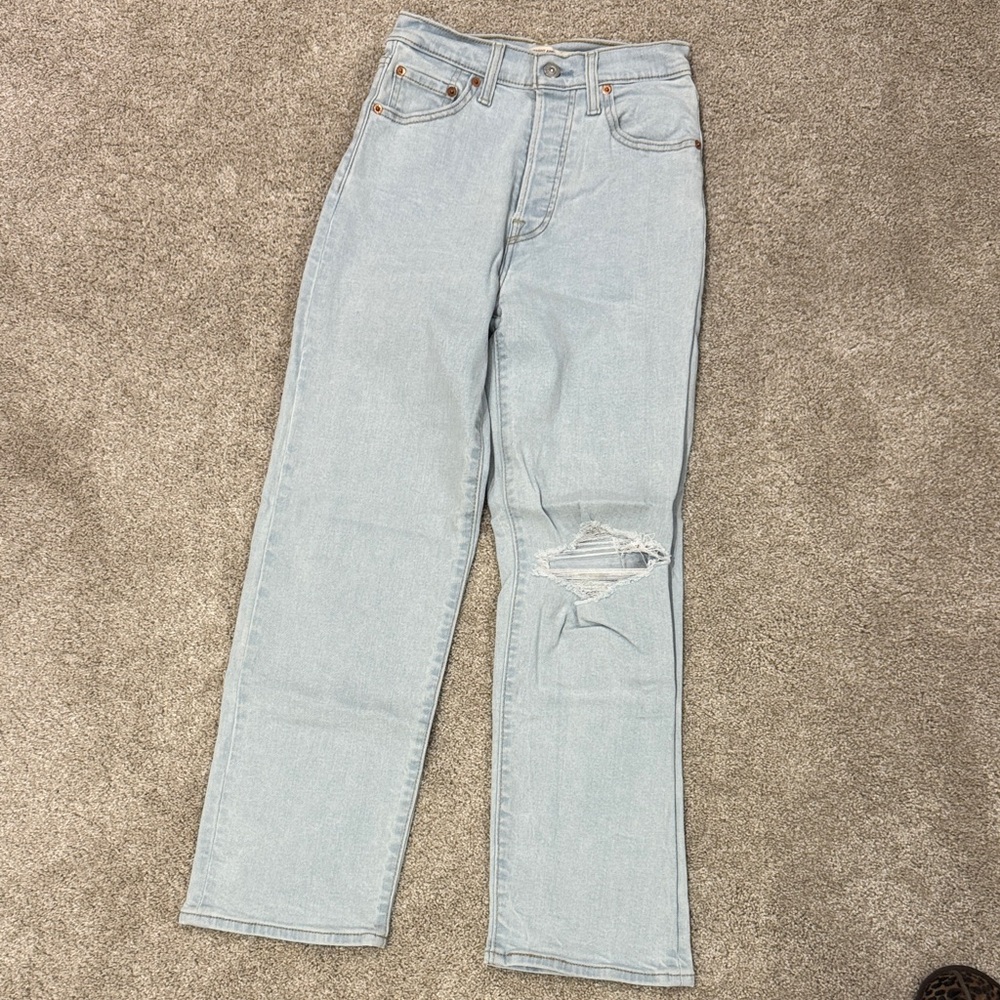 Levi’s Ribcage Straight Ankle Light Blue Distressed Women's Jeans